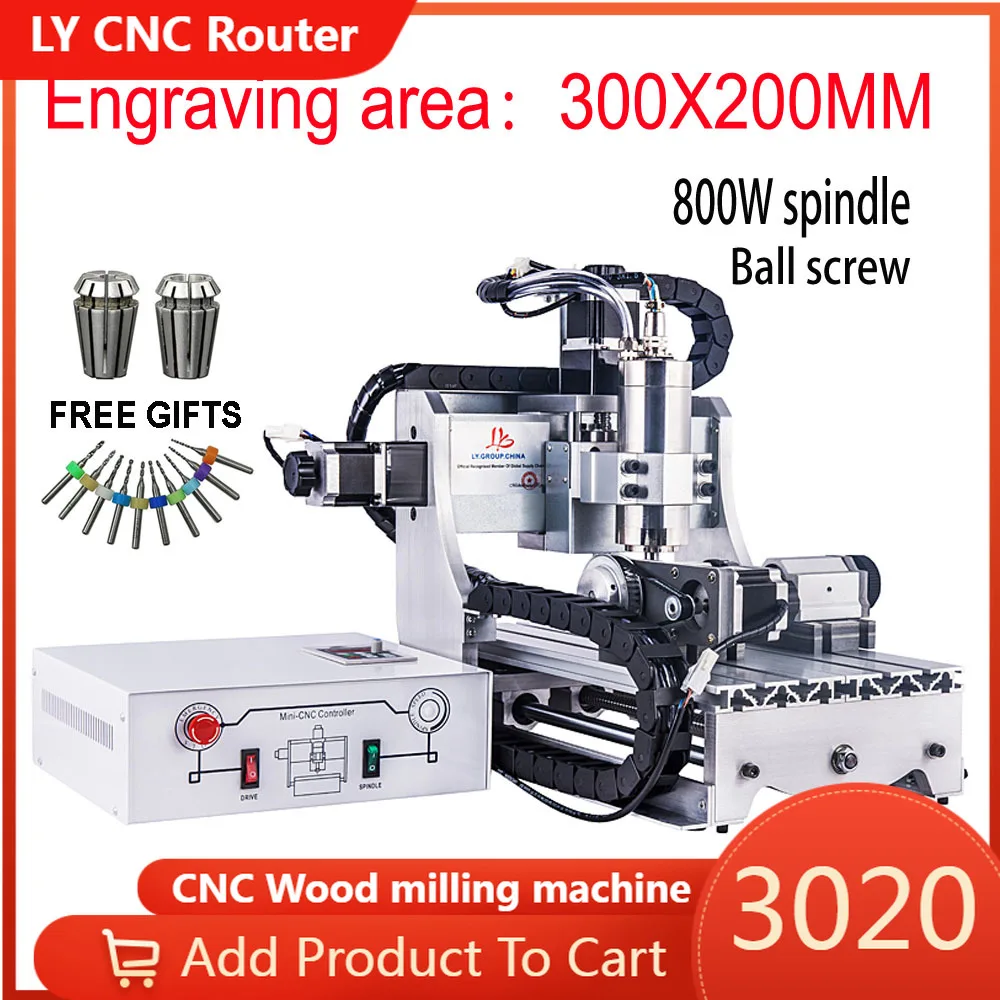Mini CNC Router 3020Z-S800 3 4 Axis 800W Spindle 3020 Ball Screw Metal Engraving Wood PCB Milling Drilling Machine Mach3 Control