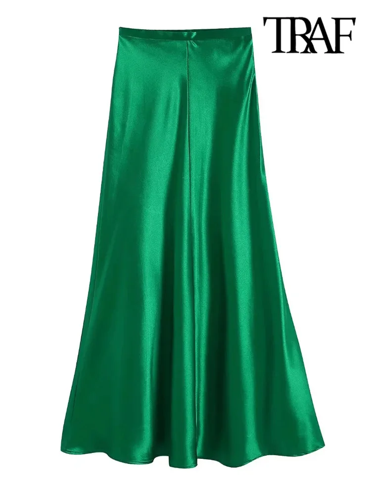 

TRAF Women Fashion Soft Touch A Line Midi Skirt Vintage High Waist Side Zipper Female Skirts Mujer
