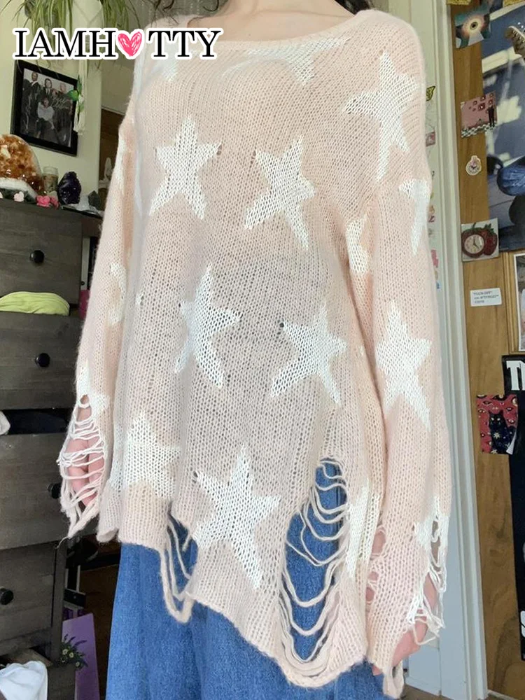 

IAMHOTTY Star Ripped Hole Oversize Sweater Harajuku Loose Casual O-neck Knitted Pullovers Autumn Y2K Jumper Cute Top Women Cloth