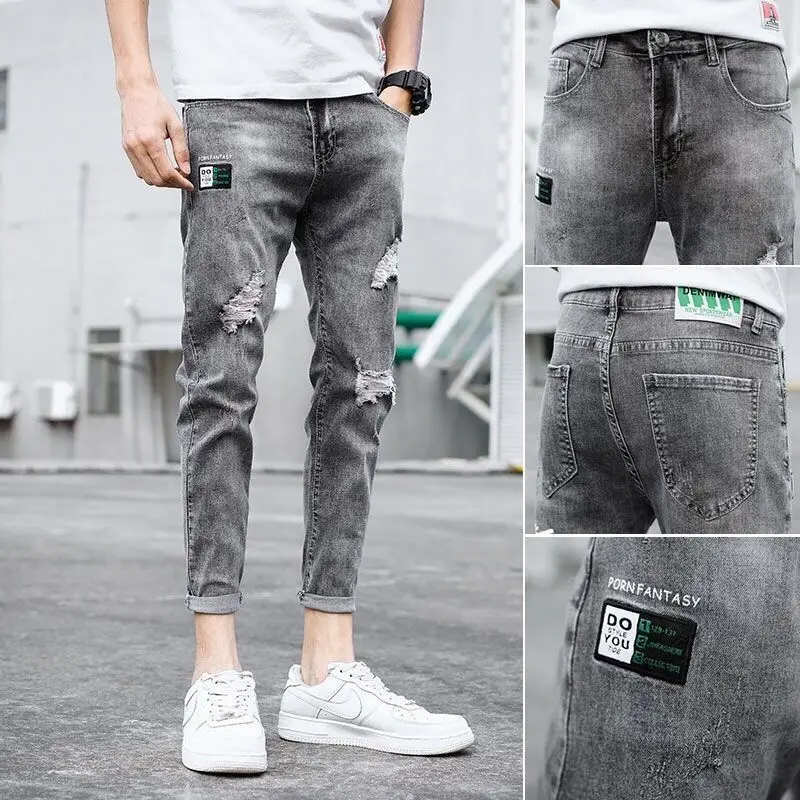 Spring and summer thin jeans men's Korean version of the trend of elastic slim fit pants men's casual ripped nine-point pants