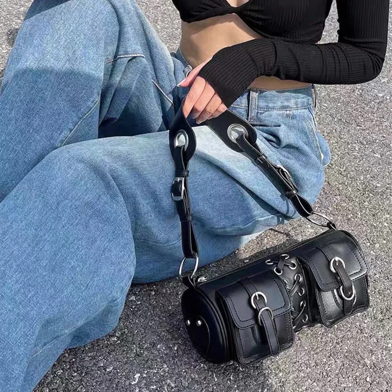 

Vintage Black Women Cylinder Underarm Bags Double Pocket Design Ladies Shoulder Bag Fashion Female PU Leather Purse Handbags