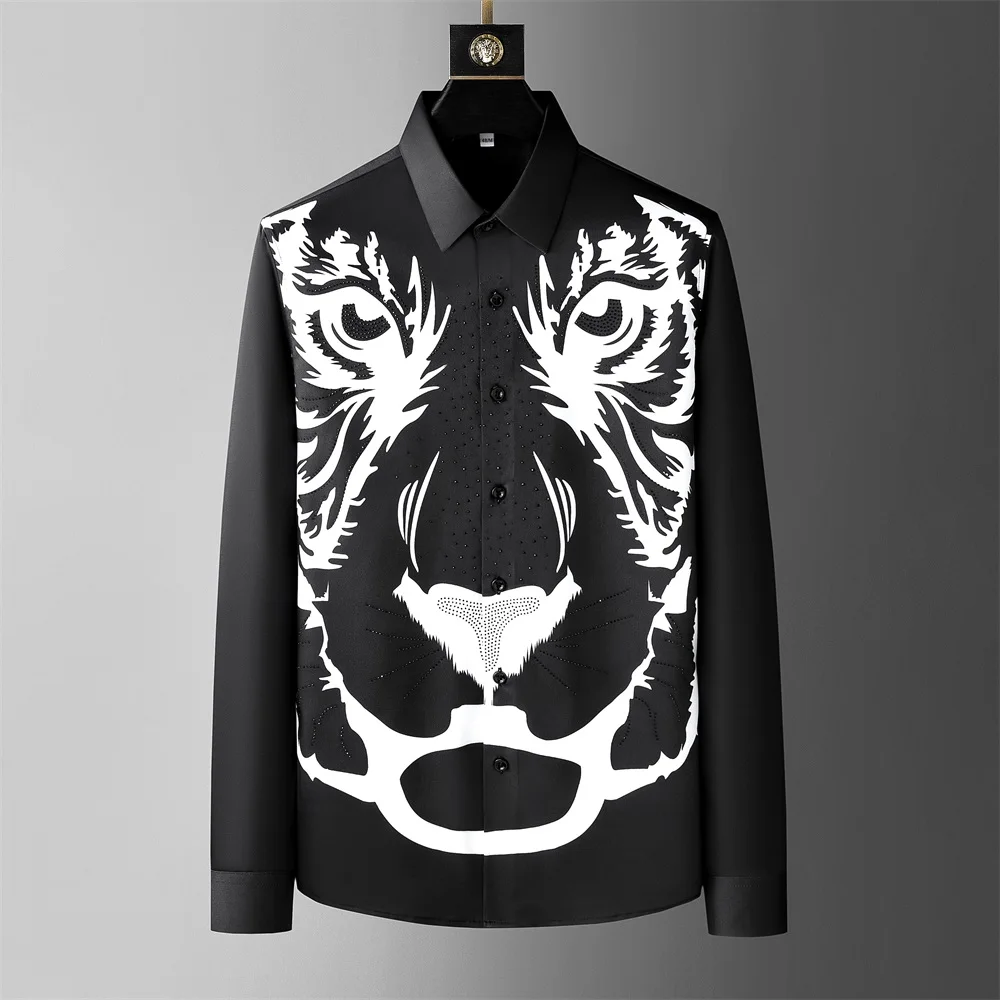 

Luxury Rhinestone 3D Lion Shirts Men Long Sleeve Slim Casual Shirts Streetwear Social Business Dress Shirts Camisa Masculina