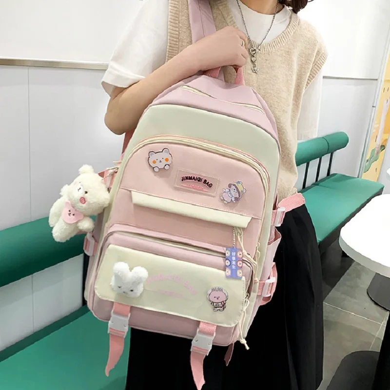 5pcs Set School Bag Girls Multifunctional Student Book Bags Large Capacity Teen Girl Schoolbag Badge Kawaii Backpack Women 2022