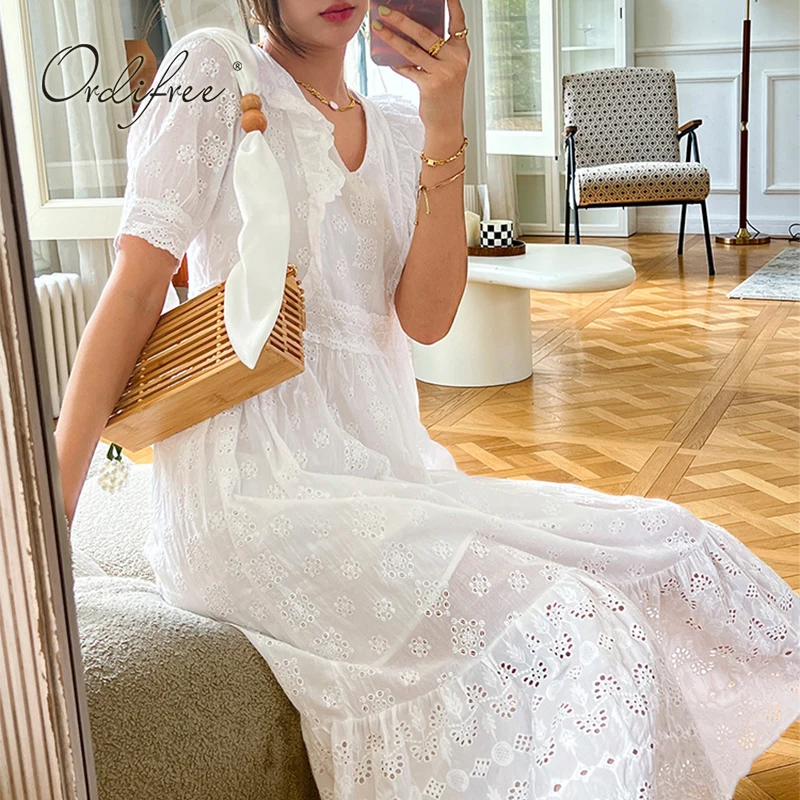 

Женское платье-миди с вышивкой и коротким рукавом, свободного покроя