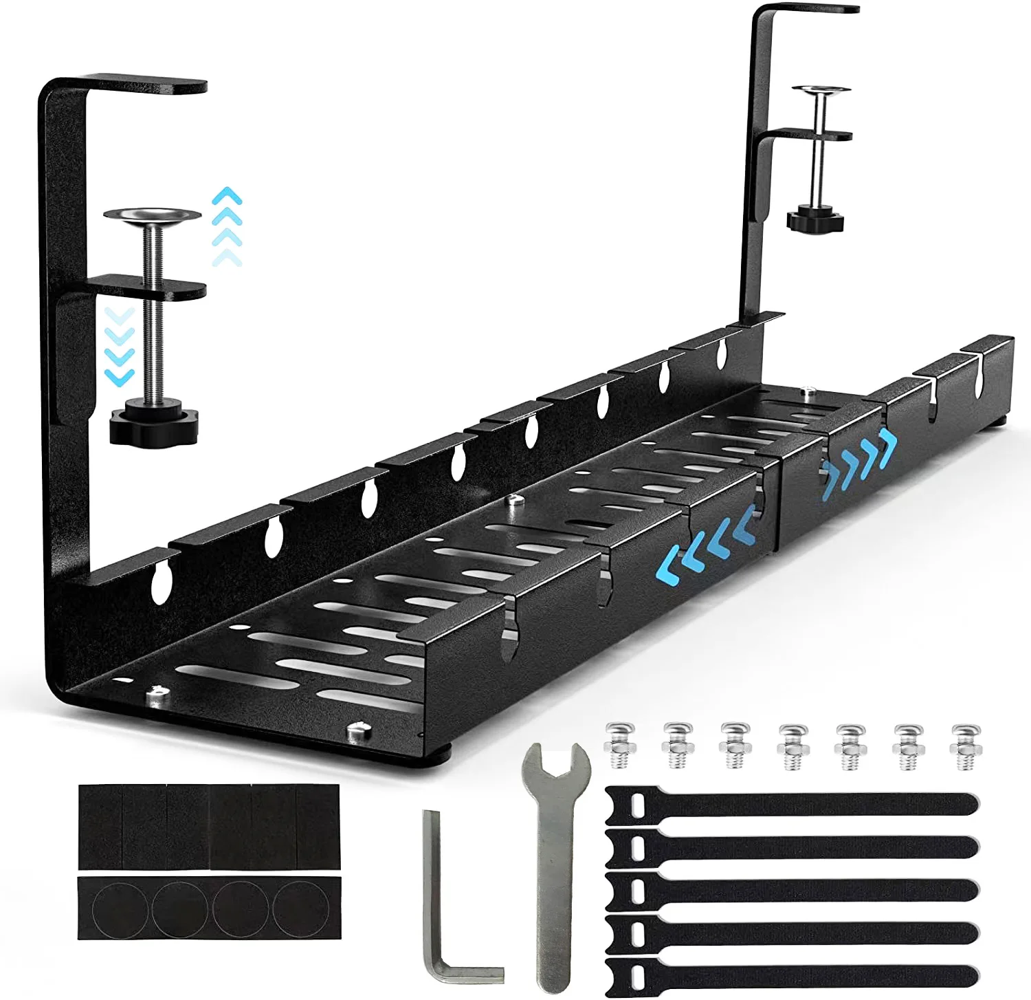 

No Drilling Extendable Under Desk Cable Management Metal Cable Tray Under Desk with Clamp Retractable Power Strip Cord Holder