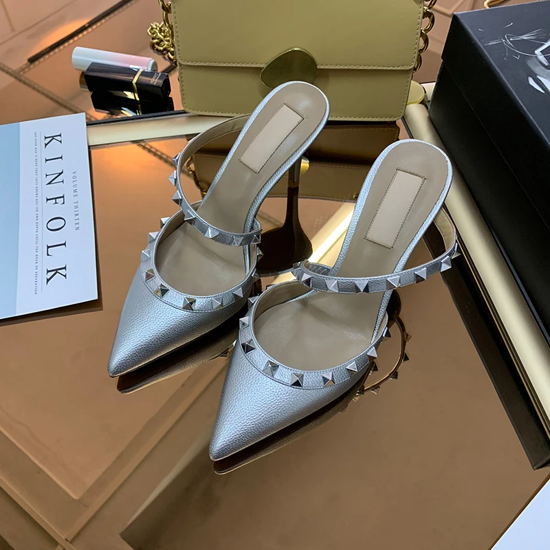 Heeled Sandals Women's Slippers Summer 2023 Real Leather Luxury Rivet High Heels Pointed Toe Ladies Shoes Elegant Casual Shoes