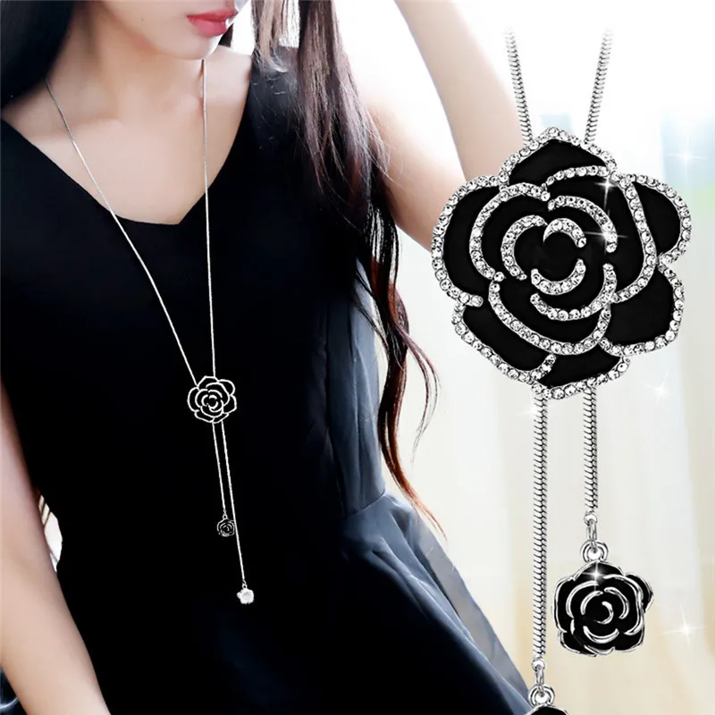 

Black Rose Flower Long Pendant Necklace Sweater Chain Crystal Women Jewelry Gift