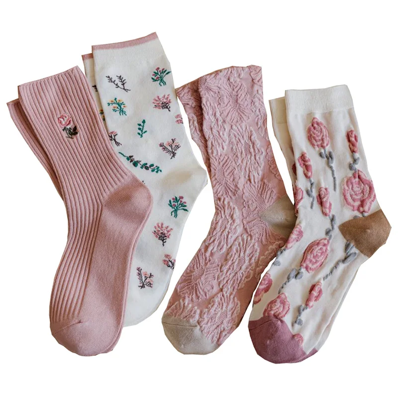 

2 Pairs Street Winter Socks Women Kawaii Flower Print Socks Long Soft Cotton Cute Sports Socks Woman Korean Style Calzini Donna