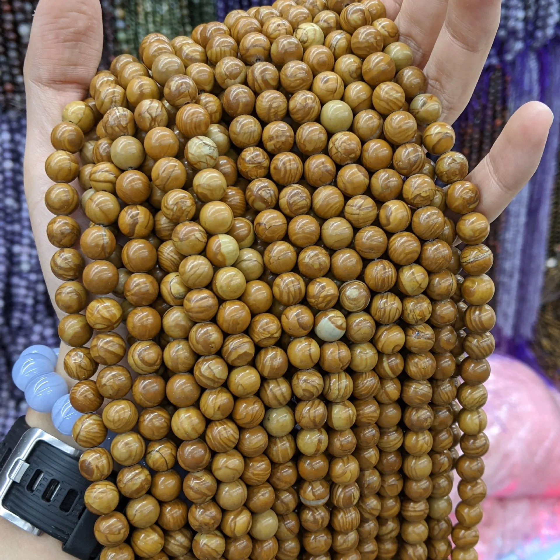 Natural Wood Grain Stone Beads Smooth  Loose Beads 4/6/8/10mm Spacer Polished Stone Beads For DIY Making Jewelry Bracelets