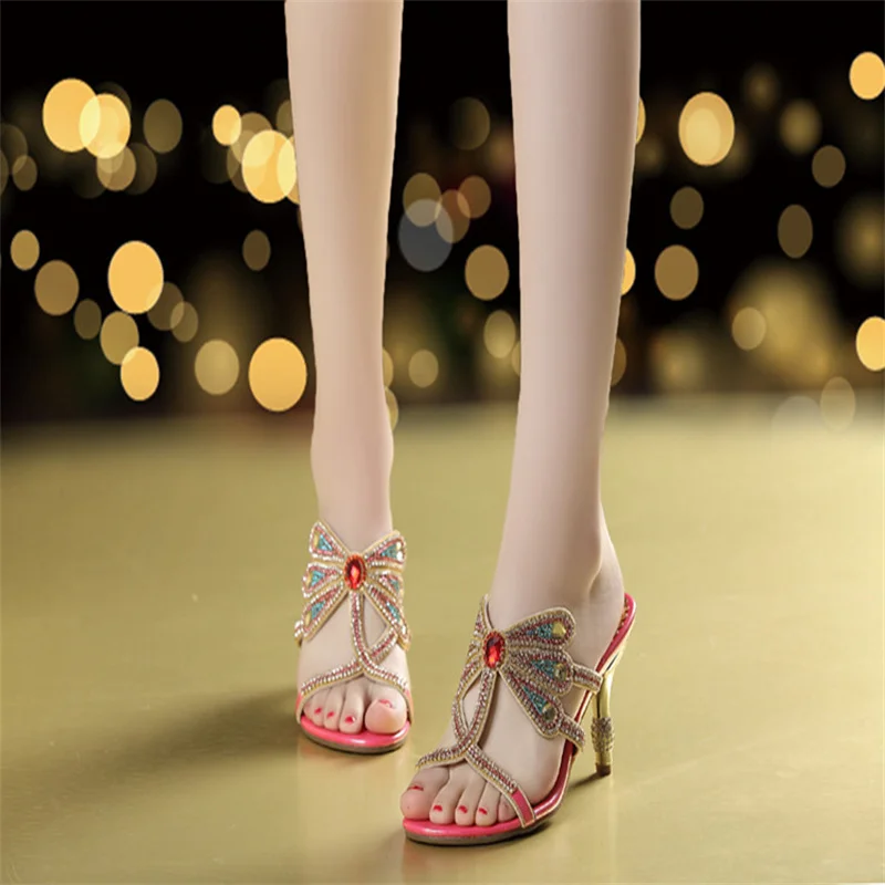 Summer Rhinestone Sandals Genuine Leather Glitter Women Open Toe Sandals High Heels Party Shoes Gladiator Sandals Wedding Shoes