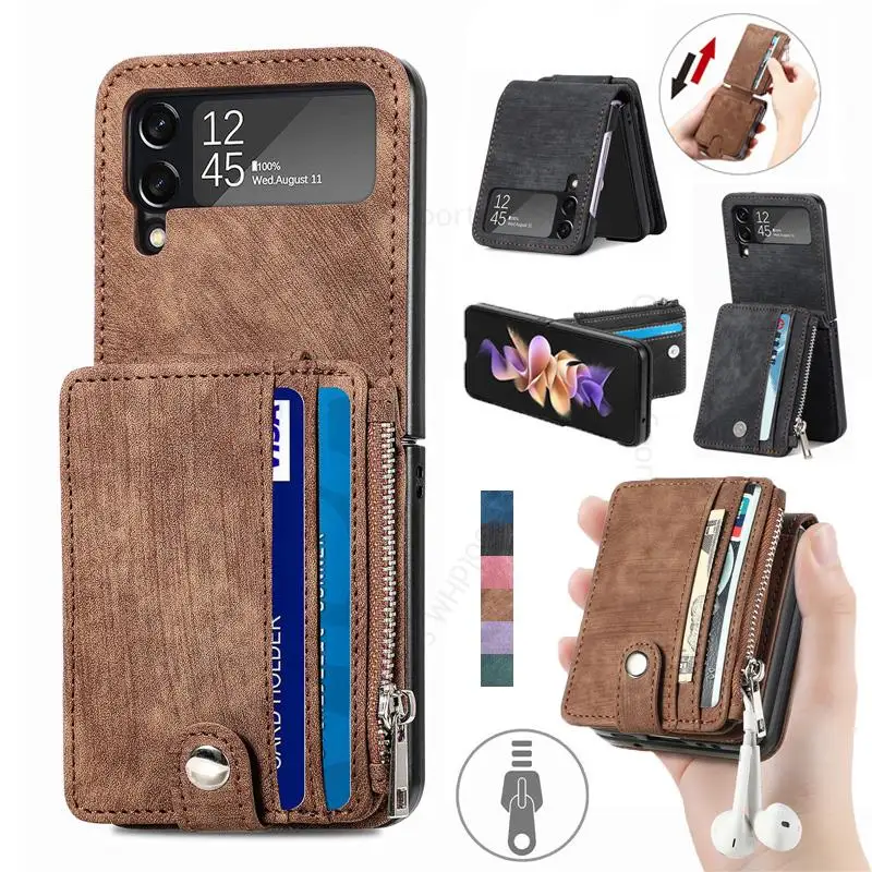 

Leather Phone Case For Samsung Z Flip4 5G Card Holder Stand Wallet Bag For Galaxy Z Flip 4 SM-F721B 5G Hard PC Protective Cover