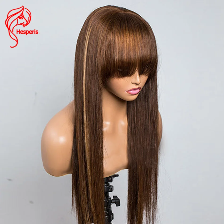 Hesperis 180 Density Scalp Top  Full Machine Made Human Hair Wigs with Bangs Remy Brazilian Blonde Highlight Wigs For Women