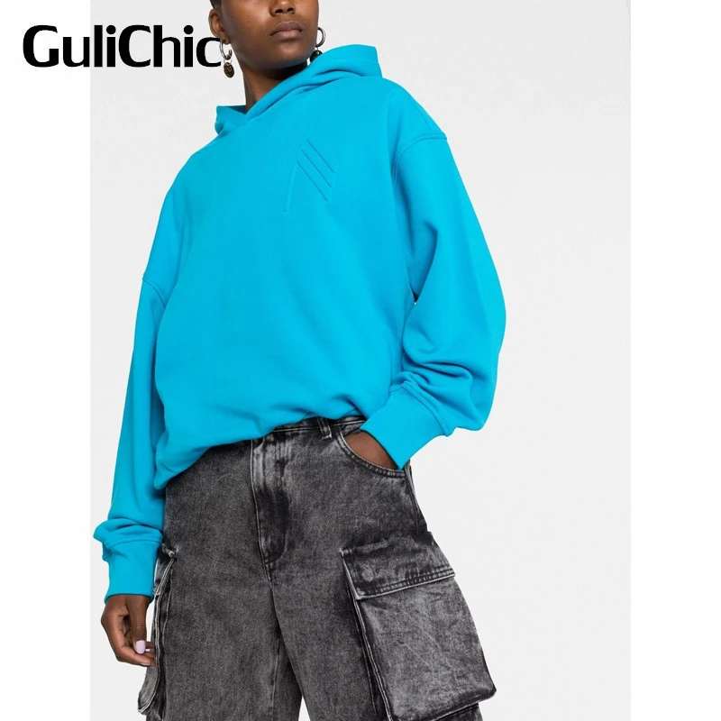 

9.29 GuliChic Women High Street Embossing Design Casual Solid Color Short Hooded Hoodie