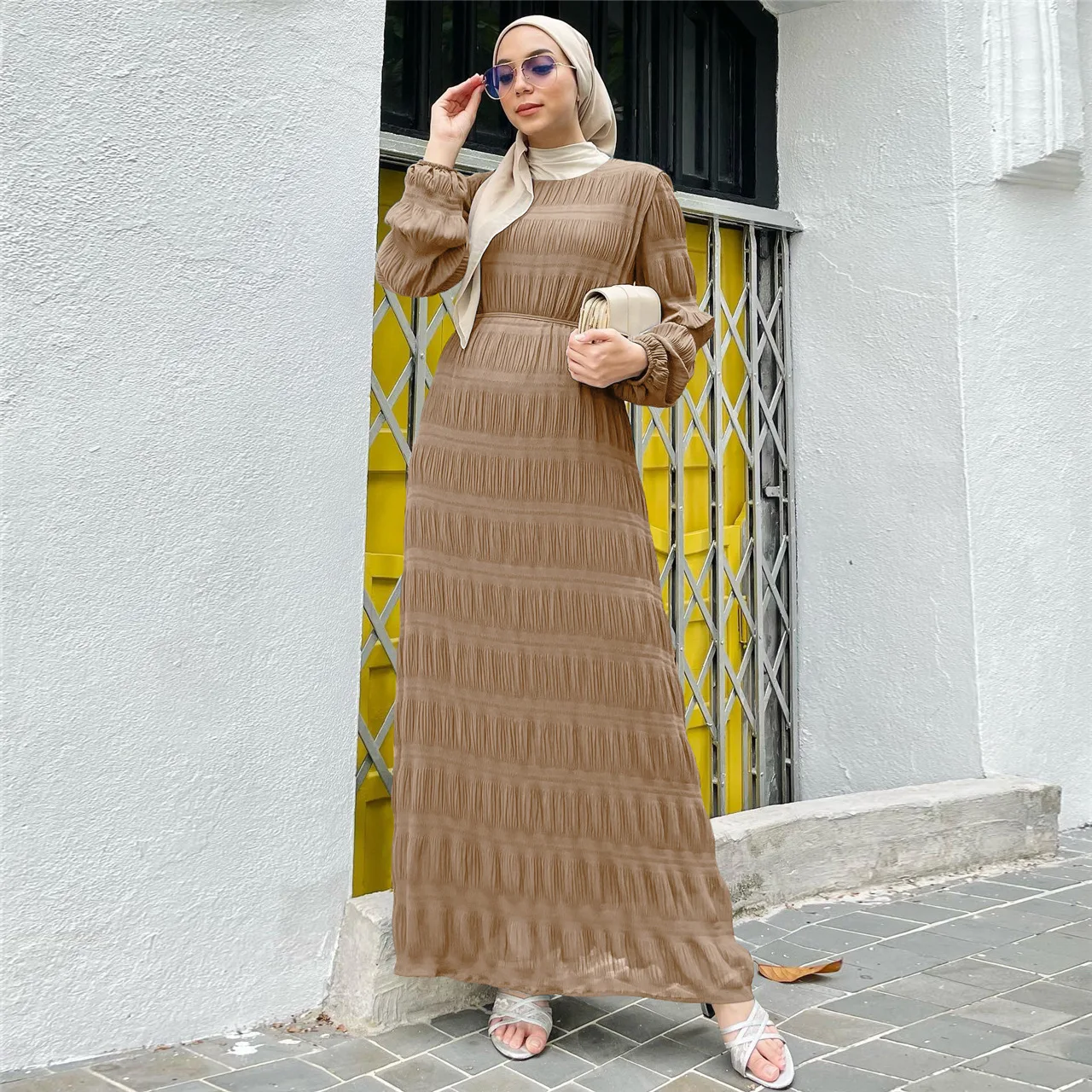 Muslim Dress Women Middle Eastern New Malay Solid Color Long Dress Chiffon Pleated Dress Robe Elegante Femme Abaya Open Abaya
