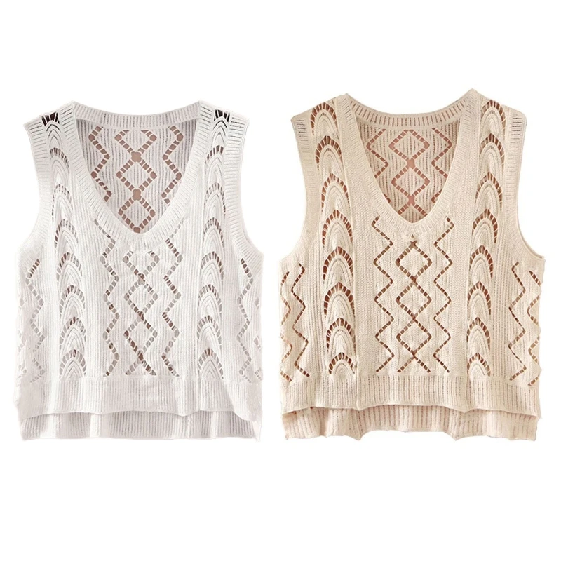 

Women Knit Thin Sleeveless Sweater Vest V-Neck Hollow Crochet Waistcoat Tank Top