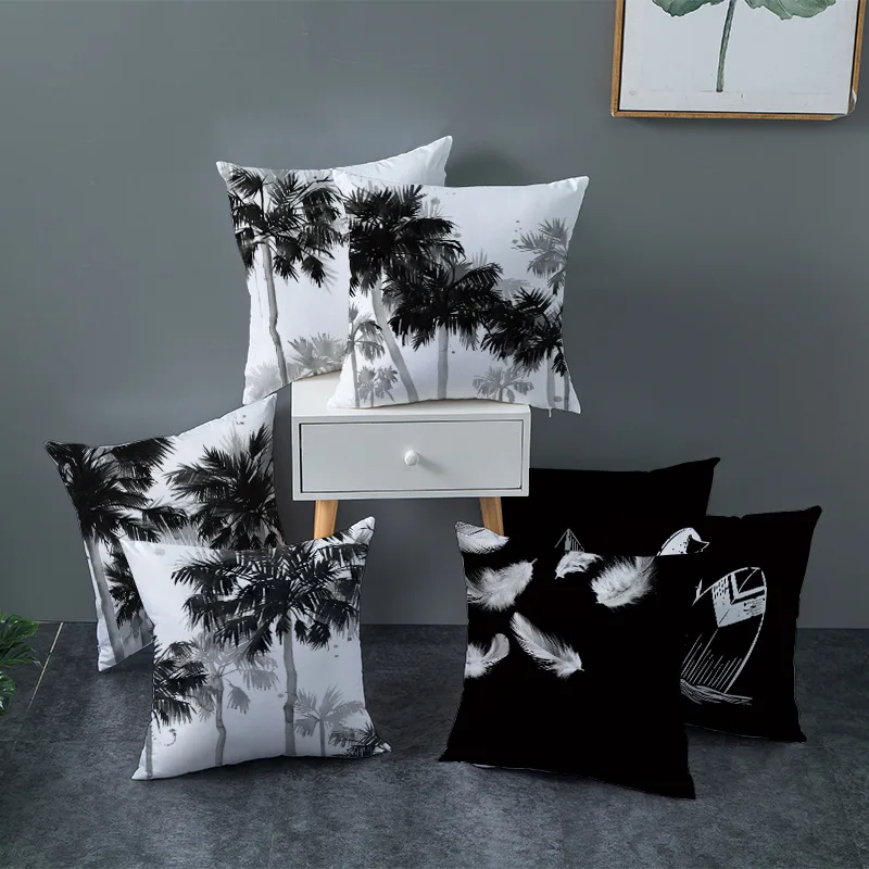 

45x45cm polyester simple black and white printing pillowcase plant leaf pillowcase