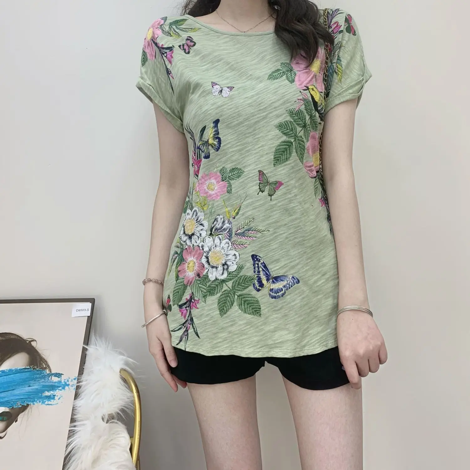 

Summer dress new floral print short-sleeved t-shirt self-cultivation western style retro wild half-sleeved bottoming shirt top