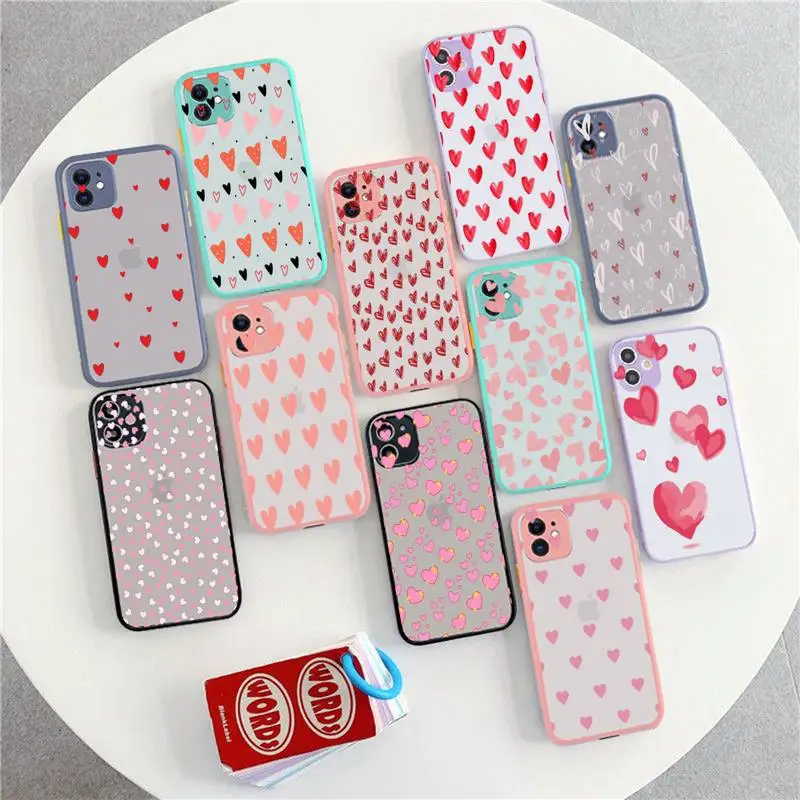 

FHNBLJ Love Heart Phone Case for iPhone X XR XS 7 8 Plus 11 12 13 pro MAX 13mini Translucent Matte Shockproof Case