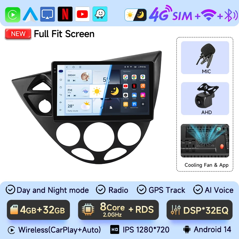 

9-дюймовый авторадио Carplay Android автомобильный радиоприемник для Ford Fiesta 1995-2001 Focus Mk1 1998-2004 AI Voice GPS FM 2 din авторадио