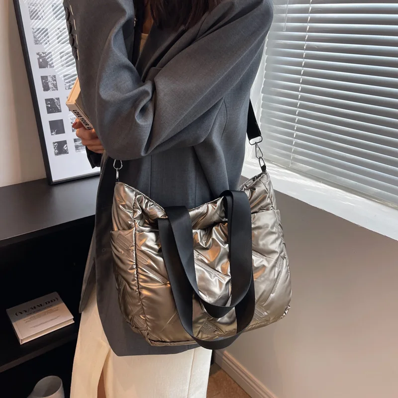 Winter New Design Waterproof Nylon Cotton Padded Shoulder Bag for Women  Large Capacity Solid Color Tote Bag Female Shoulder Bag