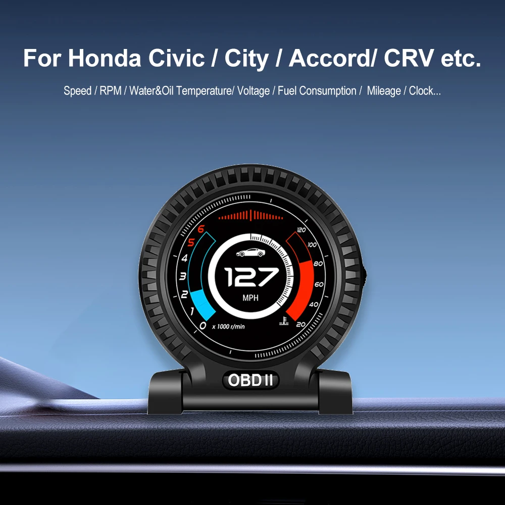

F10 HUD OBD2 Display Car Speedometer RPM Clock Oil Temperature Meter Guage Alarm Car Electronic Accessories for Honda Civic/City
