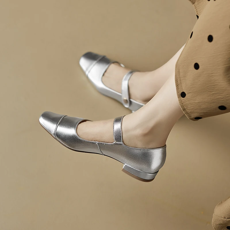 Jiovodo Genuine Cow Leather Slipon Loafers Mary Jane Gold Silver Dancing Flats Buckle Shoes Ladies Spring Fall Preppy Style Girl