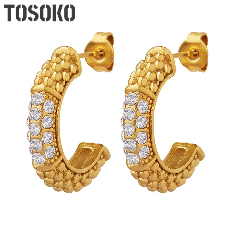 

TOSOKO Stainless Steel Jewelry Zircon Inlaid C-Shaped Earrings Three-Dimensional Women's Fashion Earrings BSF682