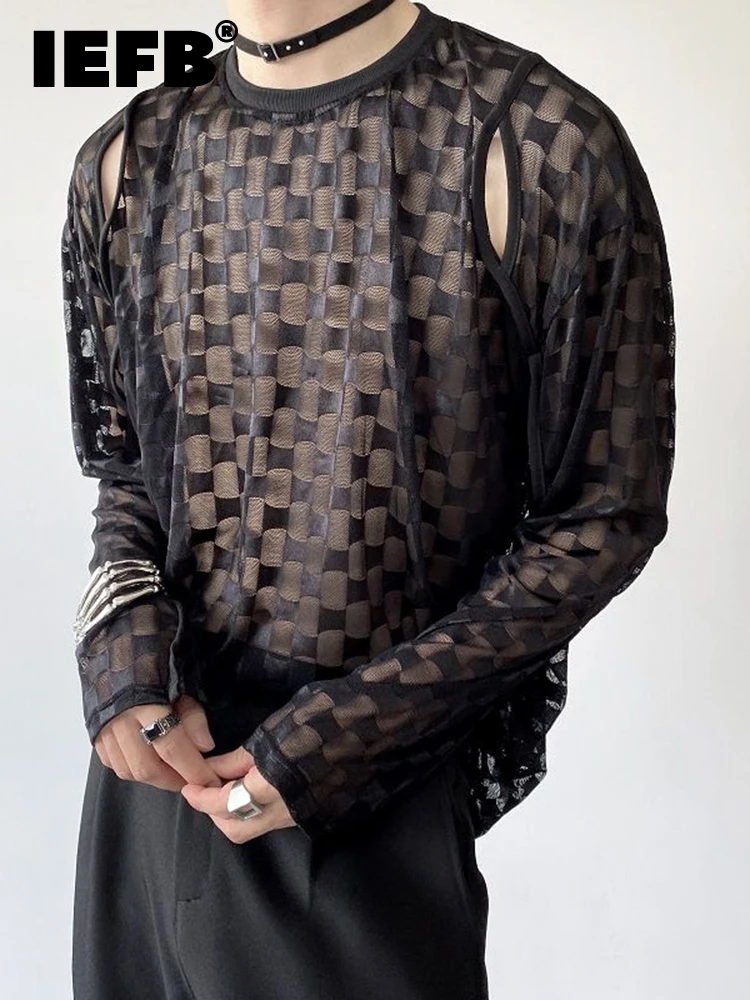 

IEFB Summer Niche Mesh Round Neck Long Sleeve Men's T-shirt Personality Hollow Out Design Department Trend Male Tops 9A3914