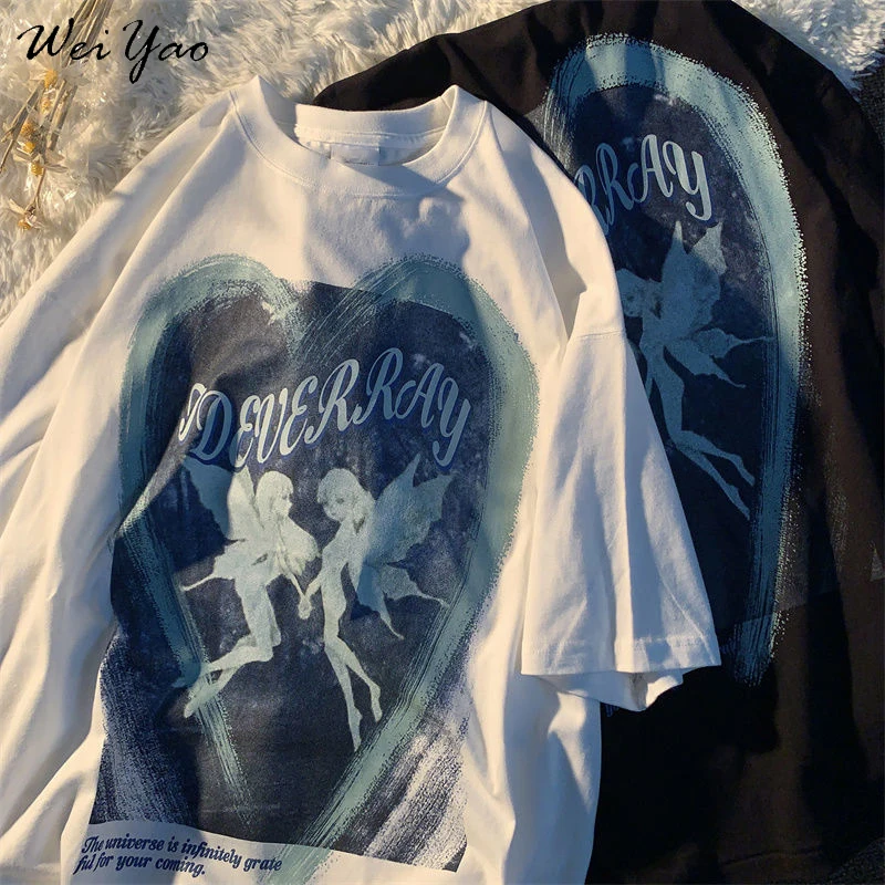 2021 new butterfly fairy print T-shirt punk goth hip hop grunge rock Y2K round neck casual summer coat streetwear