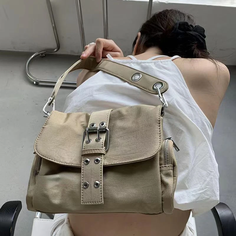

Xiuya Fashion Vintage Women Shoulder Bag Solid Color Canvas Biker Handbag New American Style Hip Hop Punk Designer Crossbody Bag
