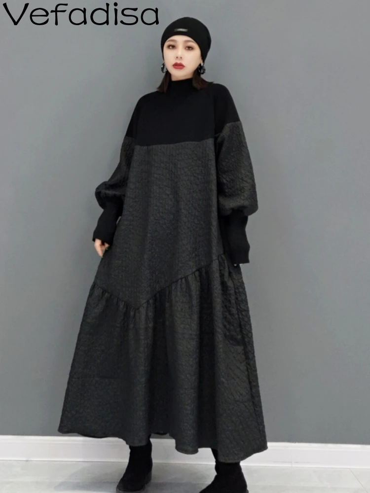 

Vefadisa 2023 Autumn New Women Long Sleeve Turtleneck Dress Loose Mid-length Sweater Stitching Color Black Gril Dress LHX1901