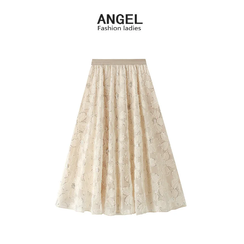 

Skirts Women's Lace Autumn And Winter New Heavy-duty Pearl Flower A-line Skirt Fairy Mori Eldest Daughter