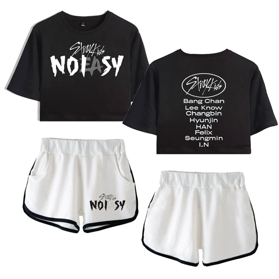 

Harajuku Stray kids SKZ Noeasy Print Short Sleeve Cool Sexy Shorts+lovely T-shirts Dew navel Pretty Girl suits Two Piece Set