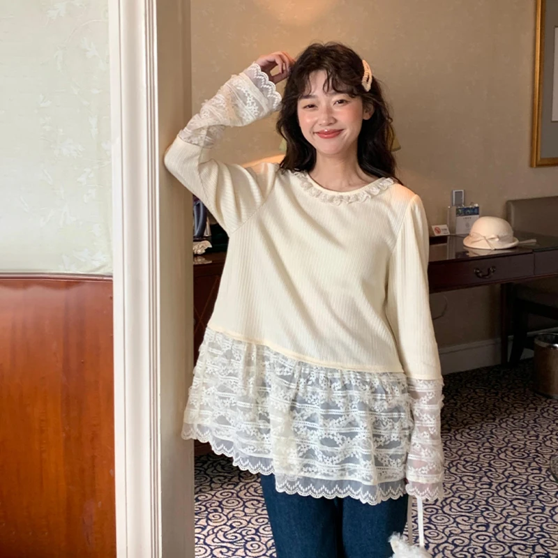 Милая рубашка с кружевным низом для девочек женская осенняя длинным рукавом