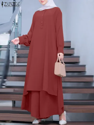 Коллекция 2023 года, элегантный женский Повседневный кафтан ZANZEA, Осенний Женский комплект из блузки и брюк, Повседневная рубашка с длинным рукавом, брюки, изящный костюм