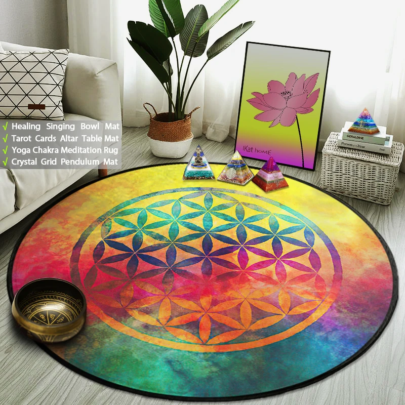 

Sacred Spiritual Flower of Life Round Area Rug Living Room Floor Mat Bedroom Decoration Yoga Meditation Galaxy Carpets Non-slip