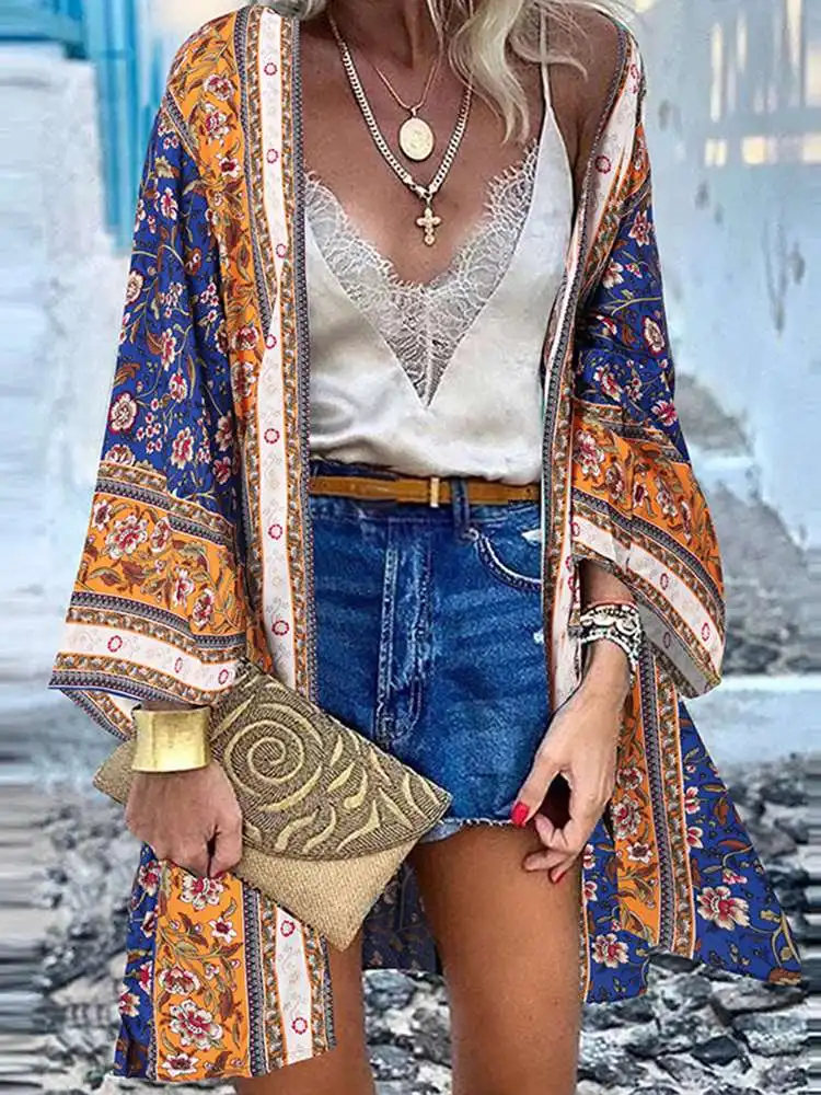 

ZANZEA Female Cover Up Tunic Casual Chemise Oversized 2023 Women Fashion Summer Kimono Cape Printed Bloues Long Sleeve Blusas