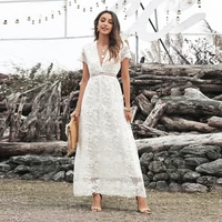 womens solid white dress 2022 summer deep v neck fashion elegantes ladies dresses lace hollow out high waist long party skirts