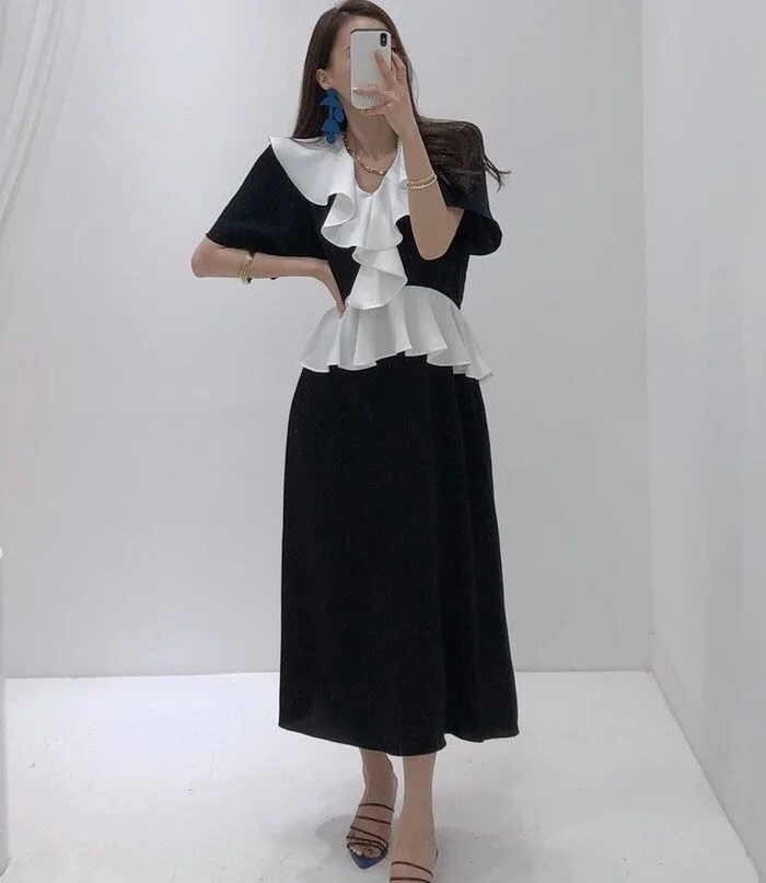 

Chic Elegant Dress Patchwork Design Ruffle Contrast Dress French Elegant Pullover Slim Commuter Dress