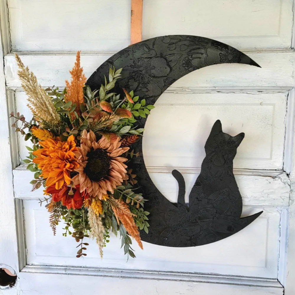 

Black Cats Halloween Wreath Goth Moon Shaped Wall Decoration Moon Shaped Wreath Pendant Wall Hanging Cat Garland Front Door