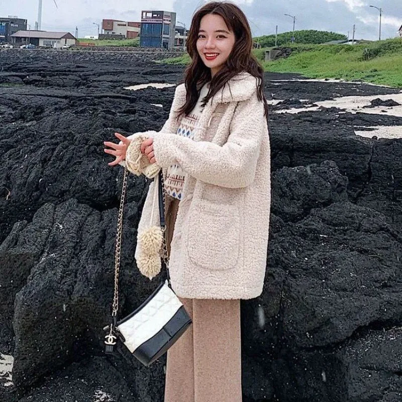 2022 autumn/winter Korean fashion of loose sweet granular cashmere faux lamb plush fur coat women's fur one coat Horn Button