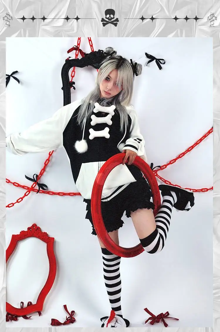 Японский Бархатный жакет в стиле Харадзюку с объемным рисунком костей свободный