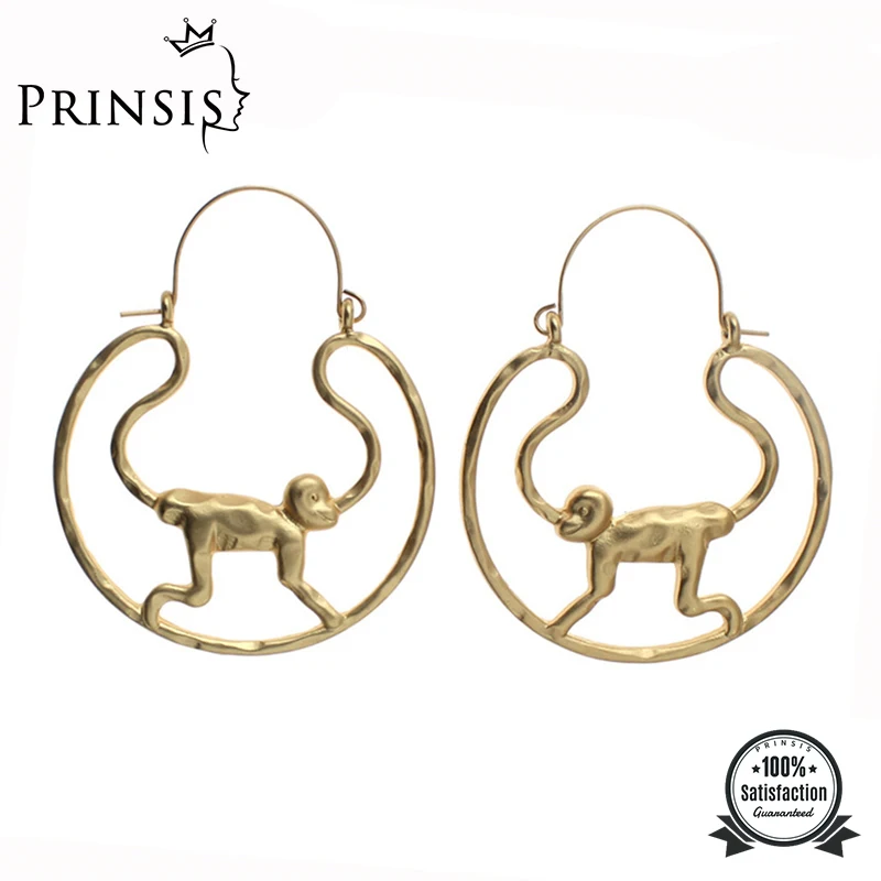 Женские модные золотые серьги-кольца с симметрией в виде обезьяны PrinSis 2,1 дюйма x дюйма, ювелирные изделия, подарок для девочек, леди, оптовая продажа ZE18