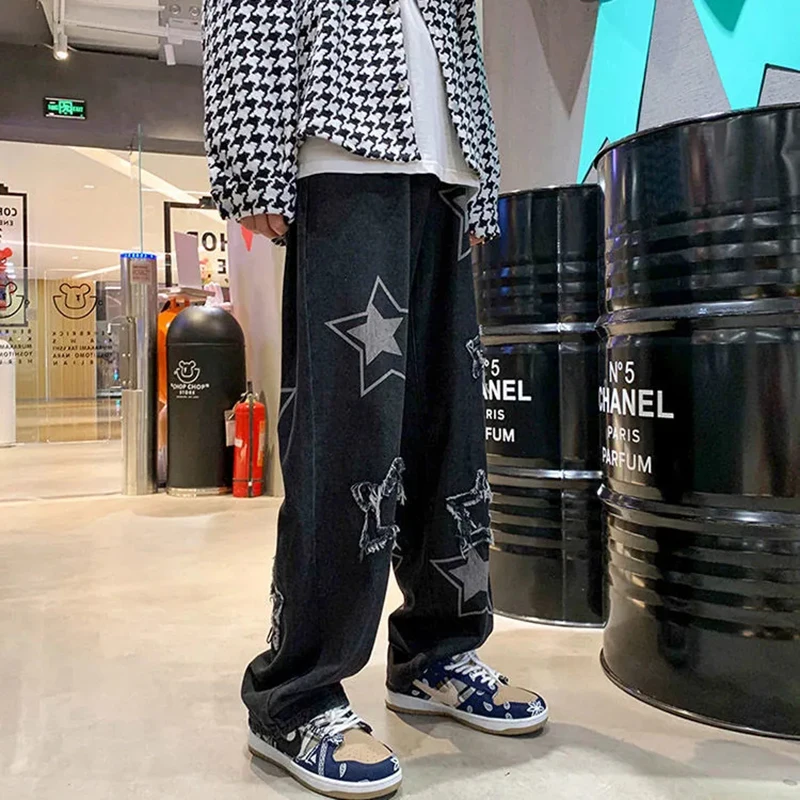 European And American High Street Hip-Hop Loose All Kinds Of Printing Straight Wide Leg Jeans Y2k Retro Harajuku Jeans Unisex