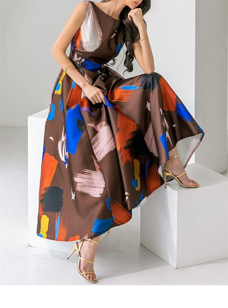 Women Elegant Dress O-Neck Long Korean Retro Sleeveless Printing Vestidos Fashion Slim Big Swing Party Casual Dress