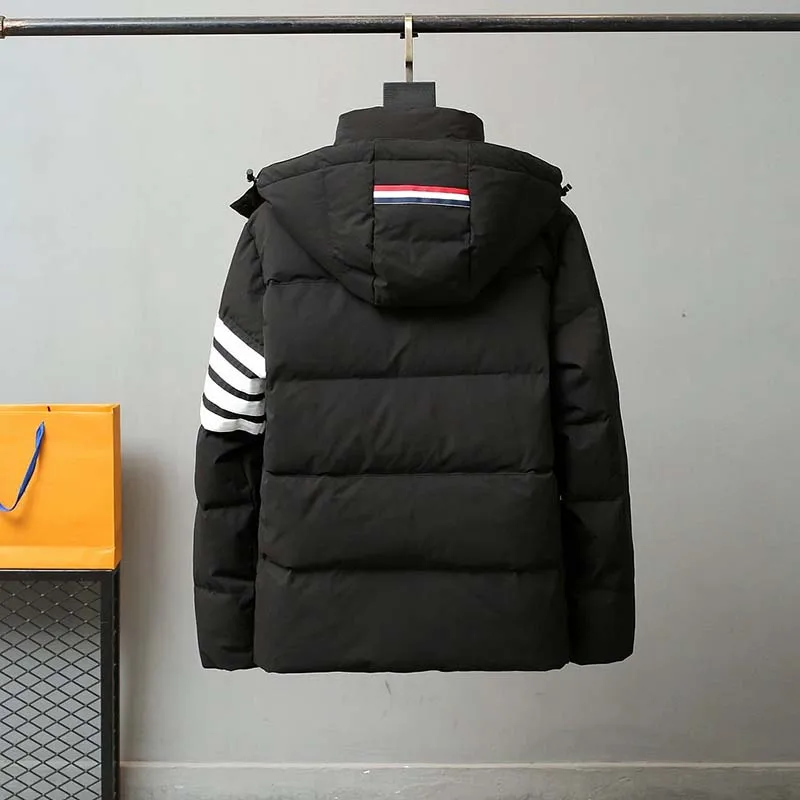TB THOM Men Down Jacket Fashion Korean Design White Striped Winter Coat High Quality Streetwear Hooded Warm Men Clothes