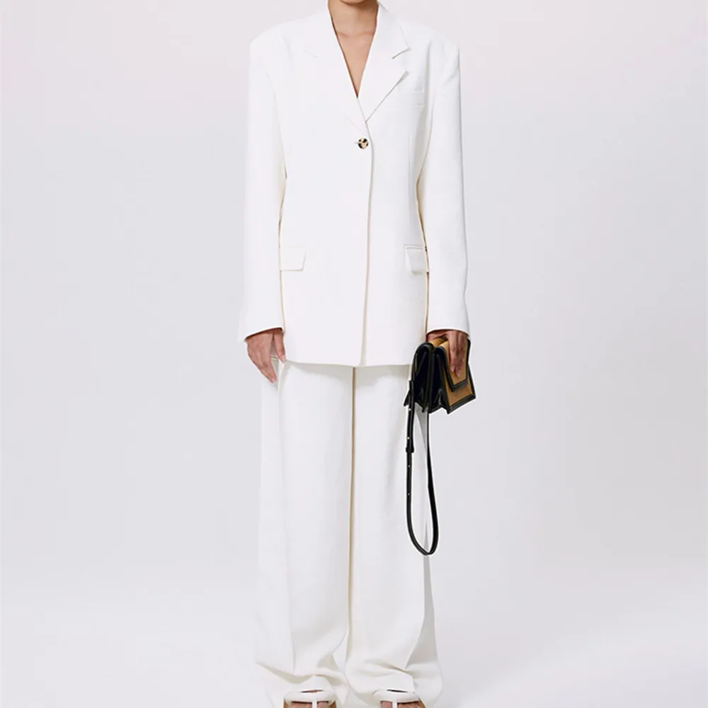 2022 Spring And Summer New Arrive Woman White Notched Lapel Collar Blazer And Pant Boyfriend Oversized Jacket Single-button Suit