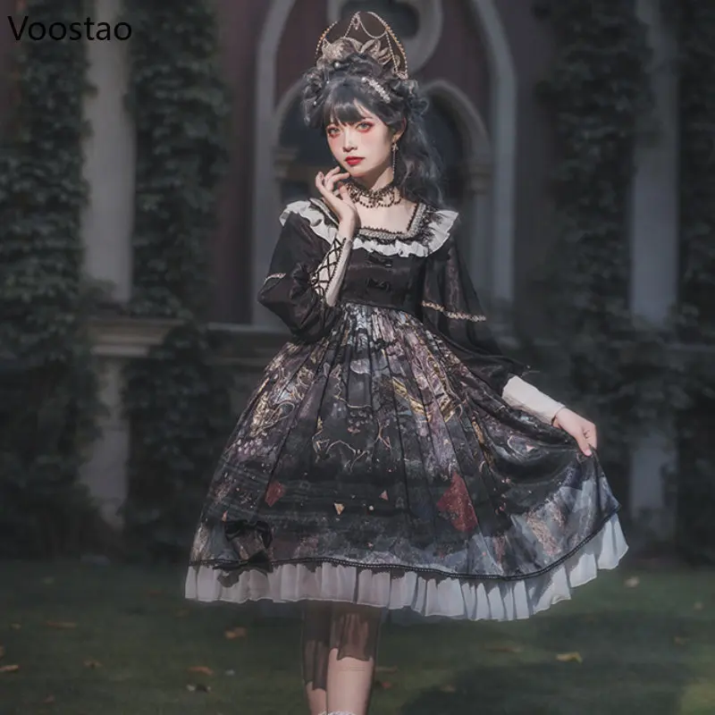 

Japanese Gothic Lolita Princess Dress Women Vintage Victorian Dark Forest Party Dresses Girls Harajuku Elegant Long Sleeve Dress