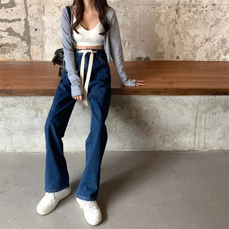 

N3502 High waist jeans women's new dark washed wide leg pants drape trousers jeans