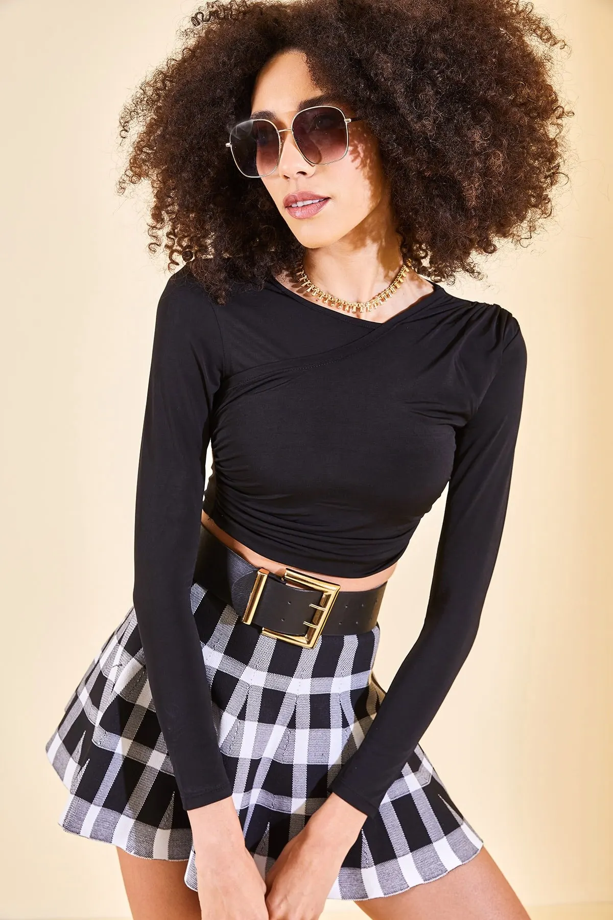 

Women's Summer Crop Top Blouse Black Draped Detailed Blouse - Casual Tank Top Vest Blouse